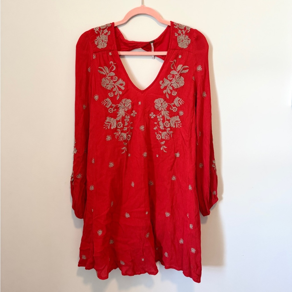 Free People Red Floral Embroidered Dress